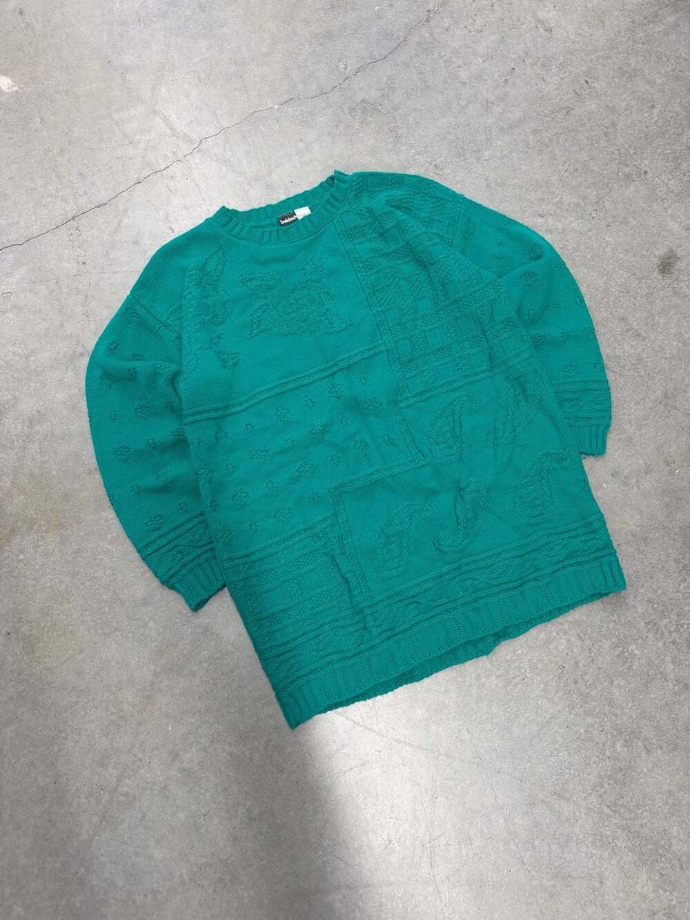 Vintage 90s Beldoch Popper Green Textured Knit Embroidered Sweater Womens Size S